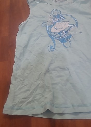 Kızlar için mavi, kolsuz, baskılı keten tişört - Görsel 3