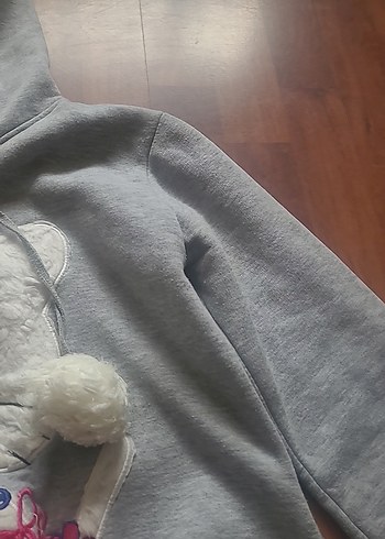 Gri Kapüşonlu Peluş Sweatshirt - Görsel 8