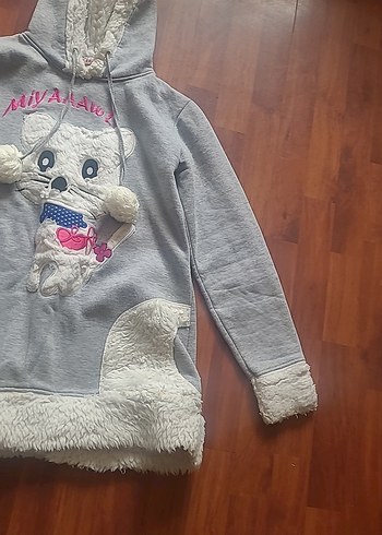 Gri Kapüşonlu Peluş Sweatshirt - Görsel 2