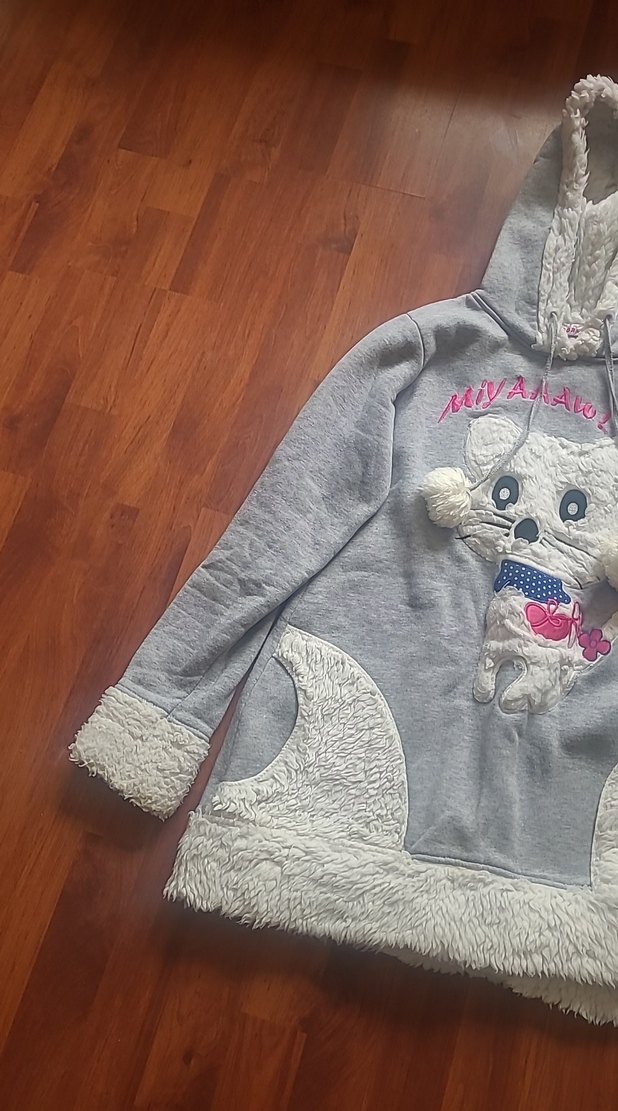 Gri Kapüşonlu Peluş Sweatshirt - Görsel 3