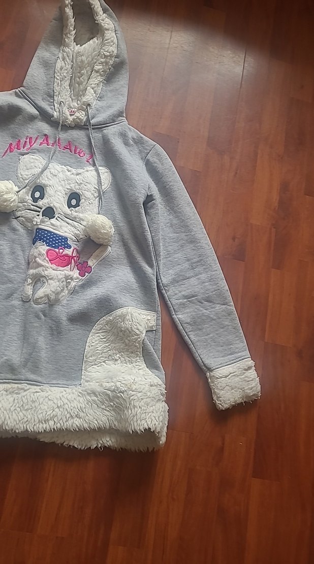 Gri Kapüşonlu Peluş Sweatshirt - Görsel 2