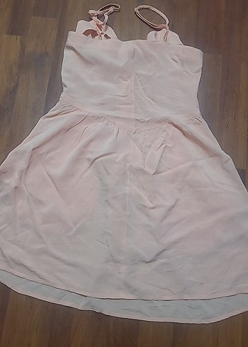 Pembe Keten V Yaka Fırfırlı Midi Elbise