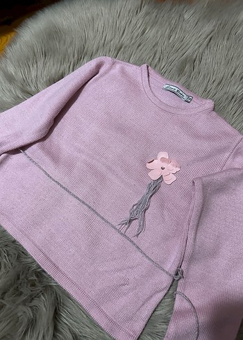 Kız Çocuk Pembe Nakışlı Kemerli Triko Kazak - Görsel 3