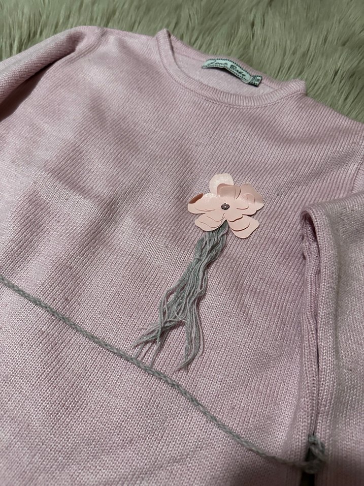 Kız Çocuk Pembe Nakışlı Kemerli Triko Kazak - Görsel 2