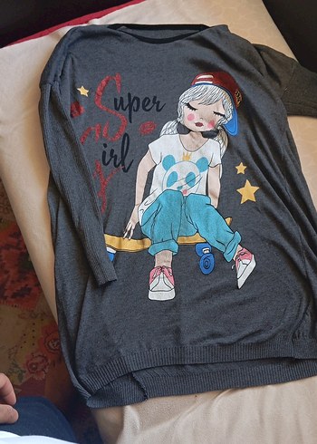 Gri Kız Çocuklu Uzun Kollu Baskılı Tişört - Görsel 3