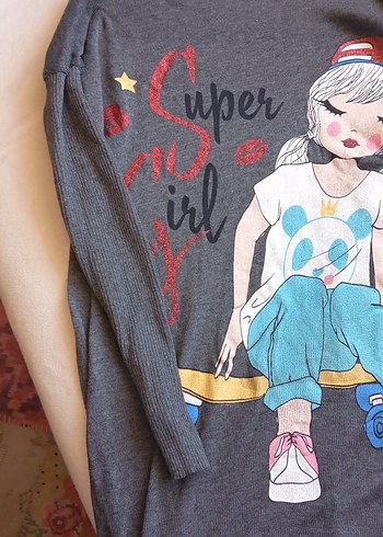 Gri Kız Çocuklu Uzun Kollu Baskılı Tişört - Görsel 2