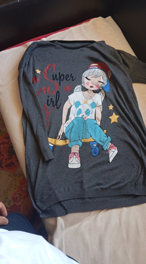 Gri Kız Çocuklu Uzun Kollu Baskılı Tişört - Görsel 3