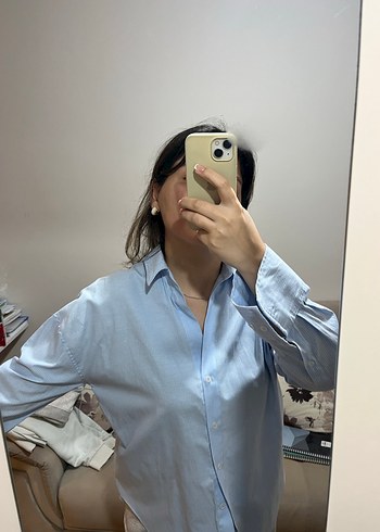 Mavi Keten Gömlek, Düğmeli, Uzun Kollu - Görsel 3