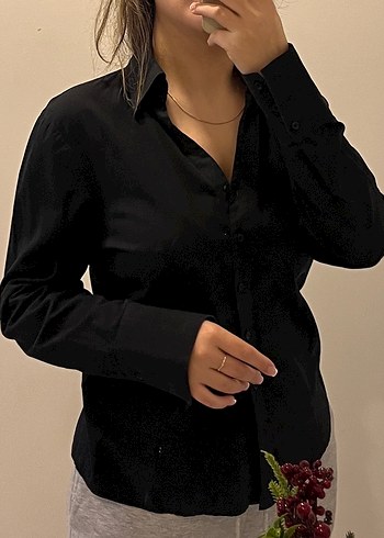 Siyah Kadın Keten Uzun Kollu Gömlek - Görsel 6