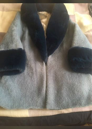 Mavi Angora peluş Kadın Kaban, Kürk Detaylı - Görsel 2
