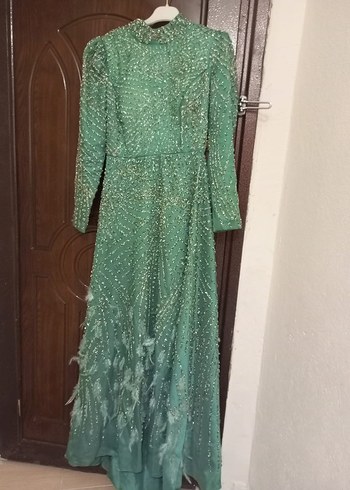 Uzun Kollu İşlemeli Yeşil Abiye Elbise - Görsel 2