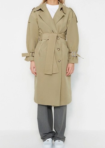 Açık Haki Uzun Kemerli Kadın Trençkot - Görsel 5