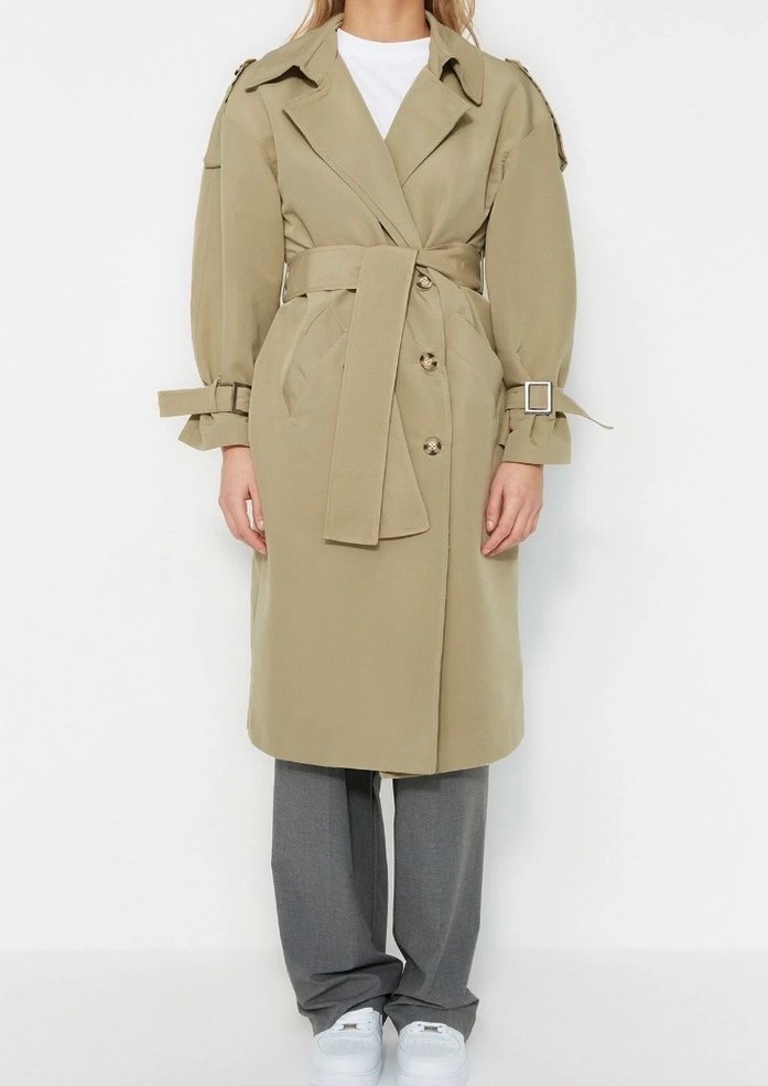 Açık Haki Uzun Kemerli Kadın Trençkot - Görsel 5