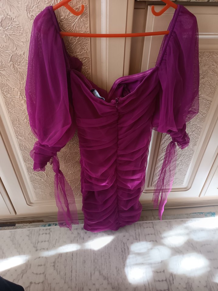 Mor Drapeli kisa Abiye Elbise - Görsel 3