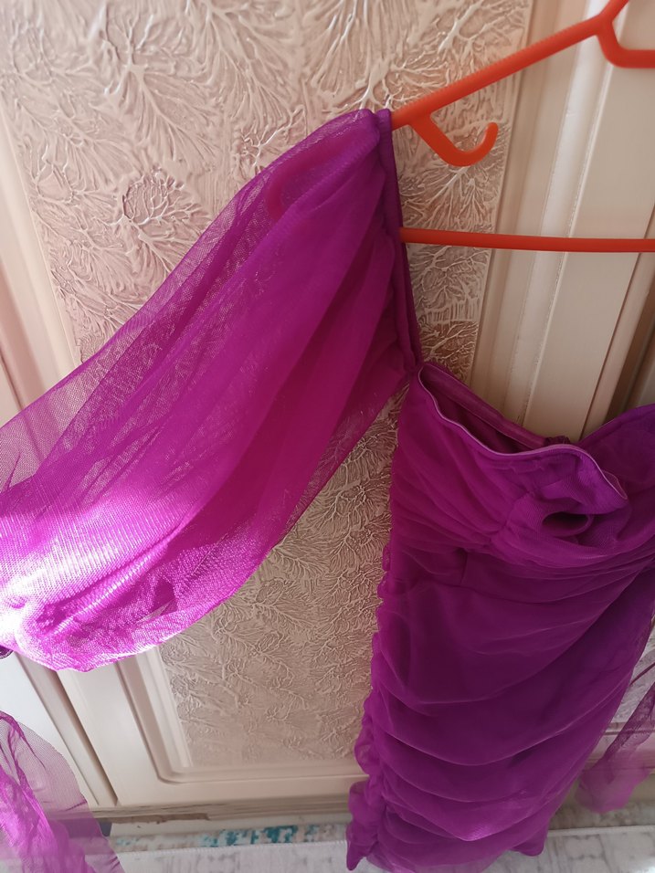 Mor Drapeli kisa Abiye Elbise - Görsel 2