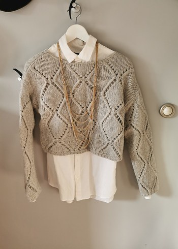 Bohem Tarz Gri Örgü Kadın Kazak - Görsel 2