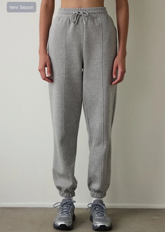 Penti Gri Melanj Orta Bel Çift Dikişli Bağcıklı Oversize Jogger - Görsel 4