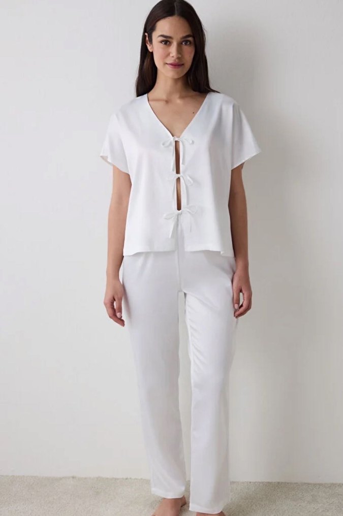 Bridal Saten Gömlek Pantolon Kırık Beyaz Pijama Takımı - Görsel 3
