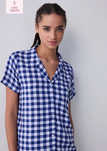 s Beden mavi Renk Penti Blue Gignham Gömlek Şort Lacivert Pijama Takımı