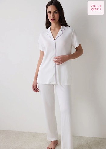 Penti Lana Solid Gömlekli Kırık Beyaz Pijama Takımı - Görsel 3