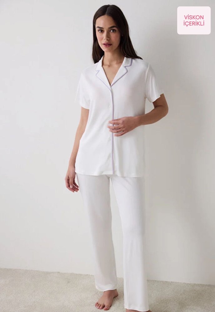 Penti Lana Solid Gömlekli Kırık Beyaz Pijama Takımı - Görsel 3
