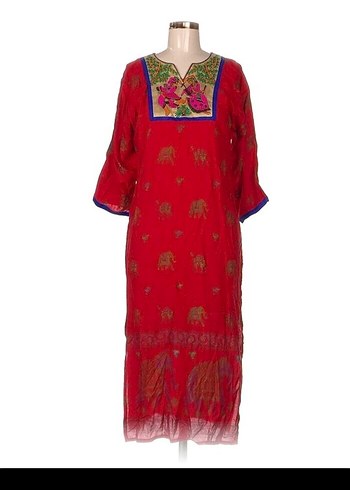 Zara #Uzun #Kollu #Kırmızı #Bohem #Nakışlı #Elbise