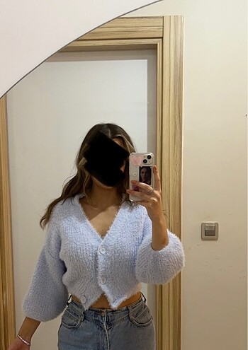 Açık Mavi Crop Tüylü Triko Hırka