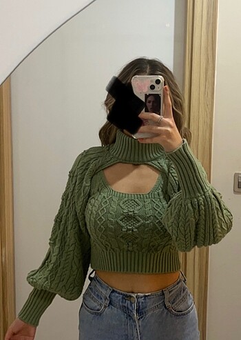 Yeşil İkili Crop Kazak/Triko takim