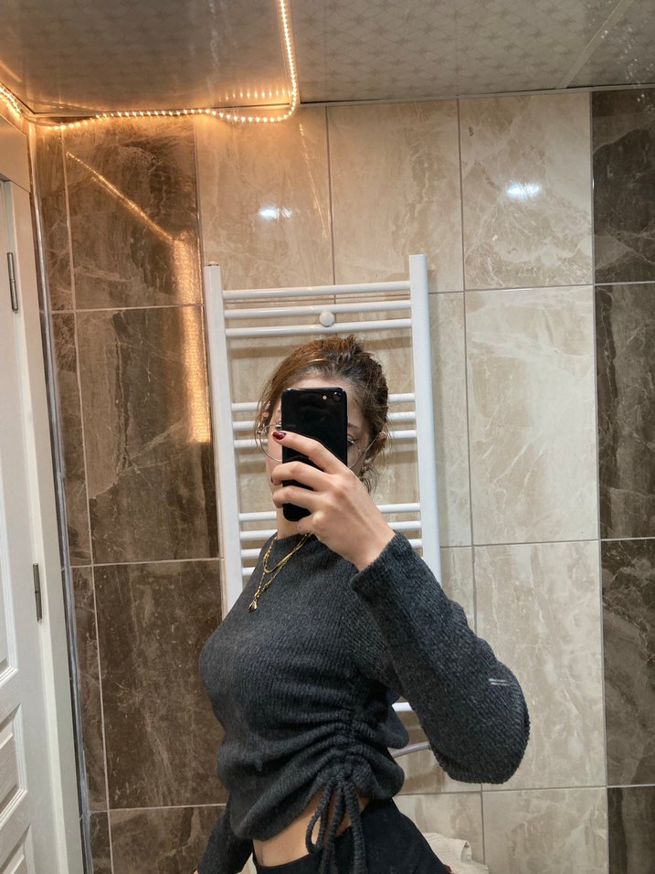 Gri  İnce Triko Kadın Kazak - Görsel 2