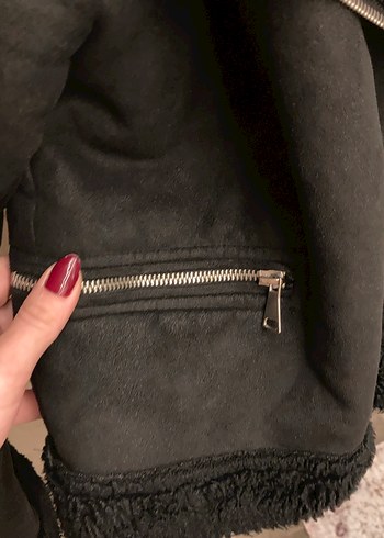 Siyah Süet Kürklü Biker Kadın Mont - Görsel 4