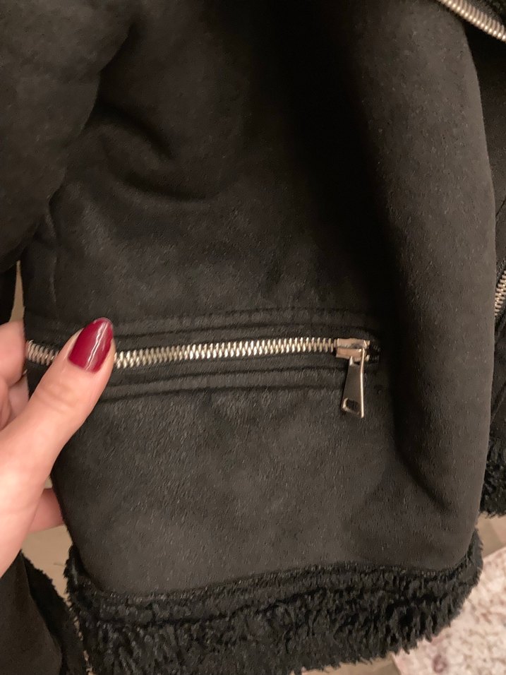 Siyah Süet Kürklü Biker Kadın Mont - Görsel 4