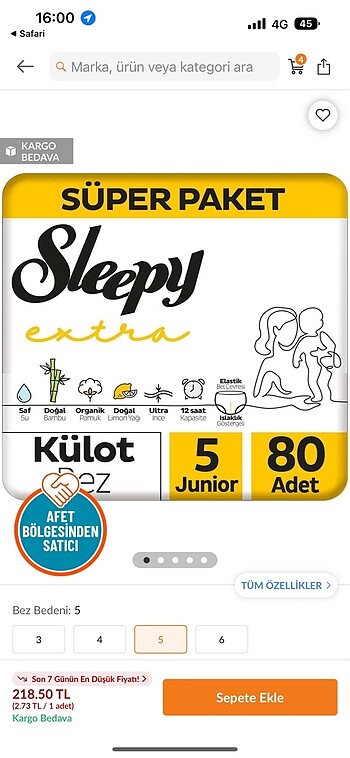 Sleepy extra 5 külot bez 80 adet