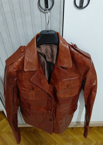 Düğmeli Kahverengi Deri Biker Ceket - Görsel 2