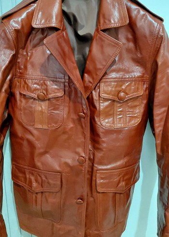 Düğmeli Kahverengi Deri Biker Ceket - Görsel 3