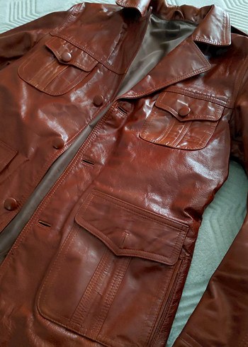 Düğmeli Kahverengi Deri Biker Ceket - Görsel 6