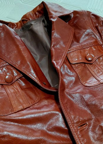 Düğmeli Kahverengi Deri Biker Ceket - Görsel 8