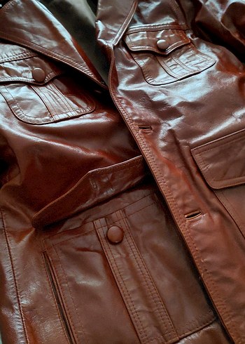 Düğmeli Kahverengi Deri Biker Ceket - Görsel 4