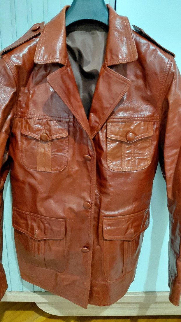 Düğmeli Kahverengi Deri Biker Ceket - Görsel 3