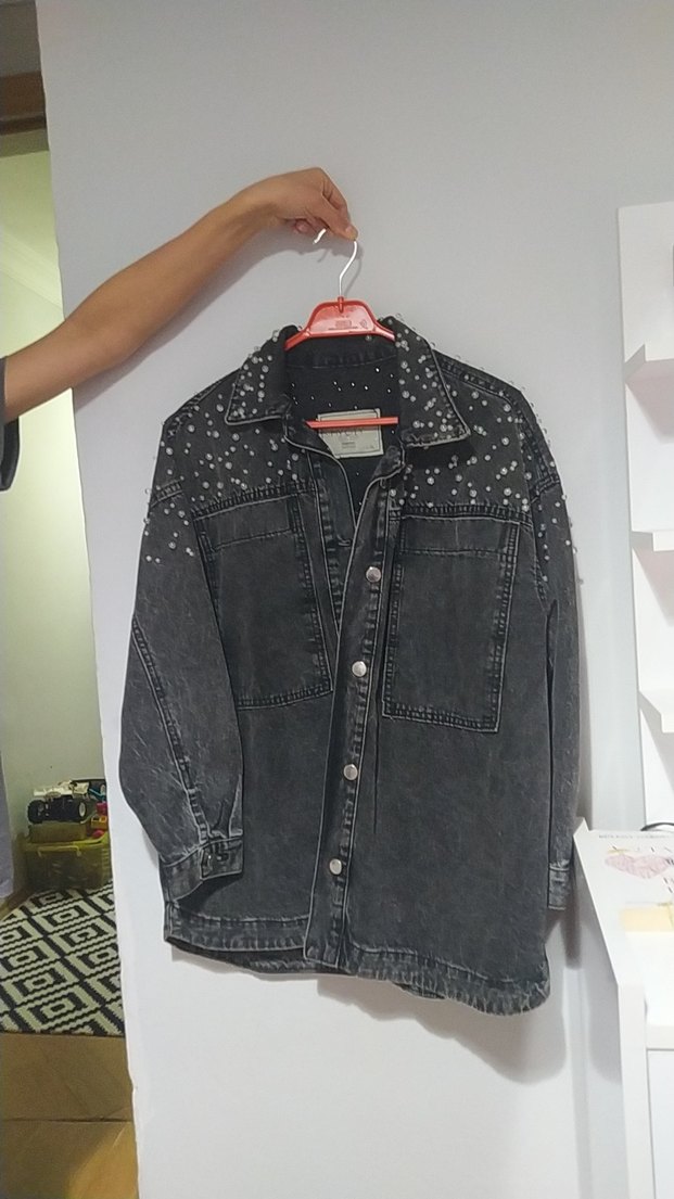 Düğmeli Siyah Midi Denim Ceket - Görsel 3
