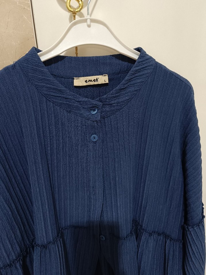 Kadın Mavi Pliseli Uzun Keten Tunik - Görsel 2