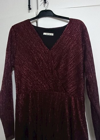 Bordo Drapeli Uzun Kollu V Yaka Elbise - Görsel 2