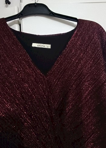 Bordo Drapeli Uzun Kollu V Yaka Elbise - Görsel 3