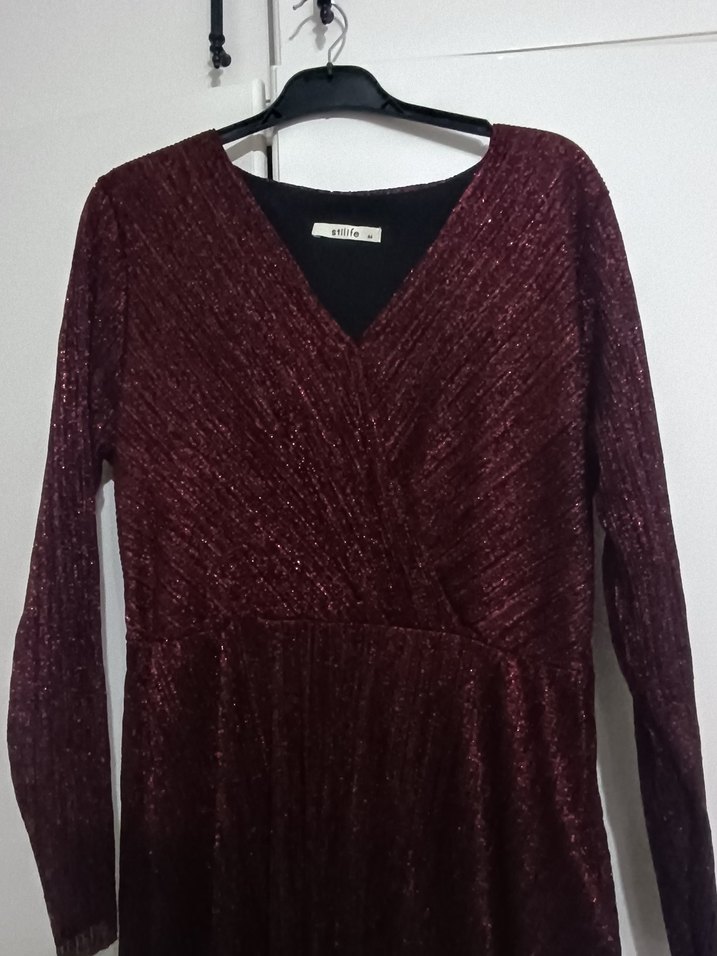 Bordo Drapeli Uzun Kollu V Yaka Elbise - Görsel 2