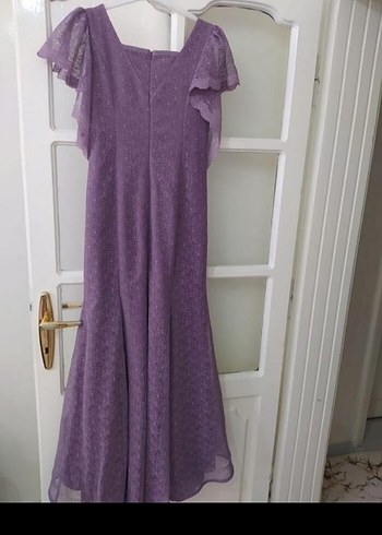 Mor Uzun Drapeli V Yaka Kadın Abiye Elbise - Görsel 3