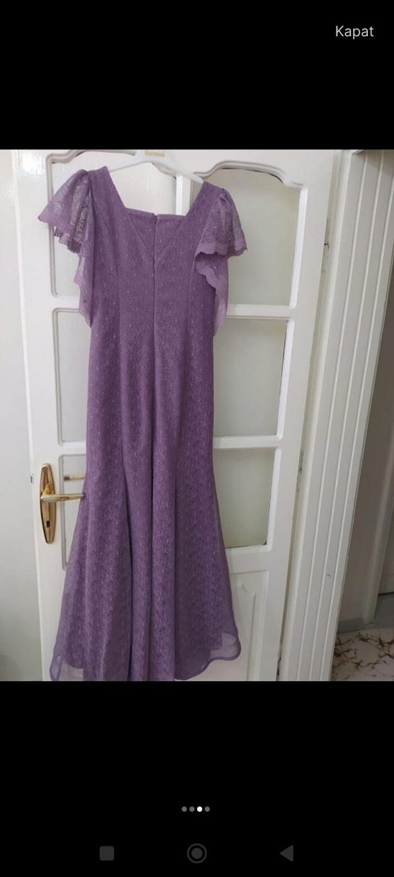 Mor Uzun Drapeli V Yaka Kadın Abiye Elbise - Görsel 3