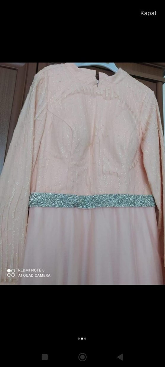 Uzun Kollu Pembe Vintage Abiye Elbise - Görsel 2