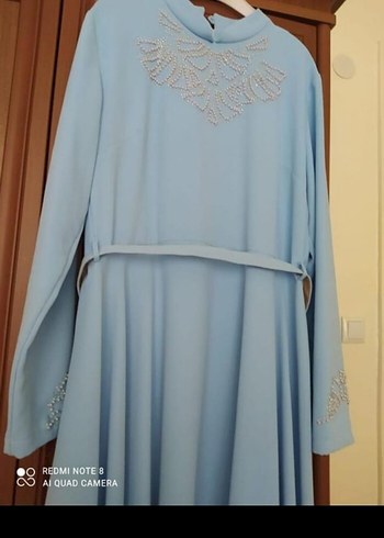 Mavi Nakışlı Uzun Kollu Uzun Elbise - Görsel 2