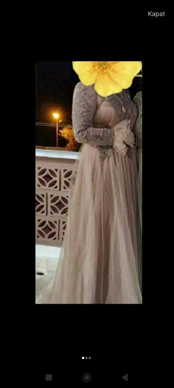 Bej Nakışlı Uzun Kollu Abiye Elbise - Görsel 2