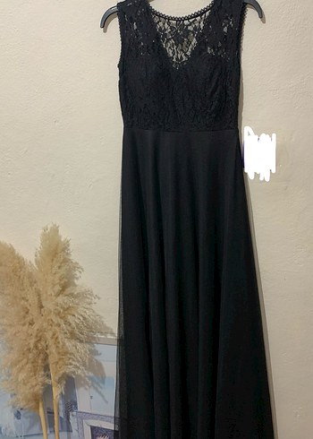 Dantel Detaylı Siyah Uzun Elbise - Görsel 2