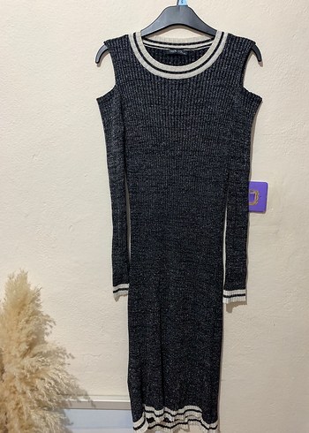 Siyah Simli Uzun Kollu Triko Elbise - Görsel 2